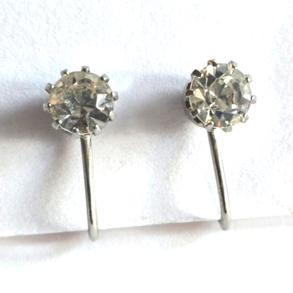 Vintage solitaire earrings clip on screwback combination silver tone